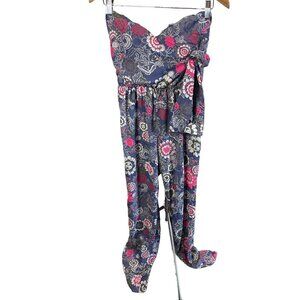 Intro Blue Gray Pink Floral Strapless Side Tie Jumpsuit